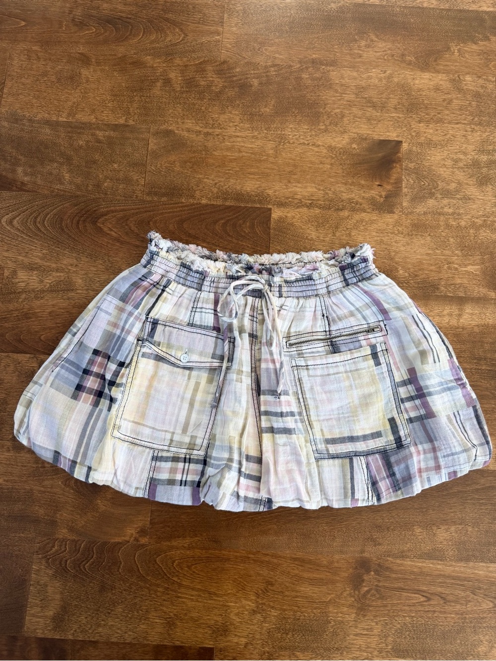 Pilcro Plaid Bubble Mini Skirt Small Frayed Utility Pockets